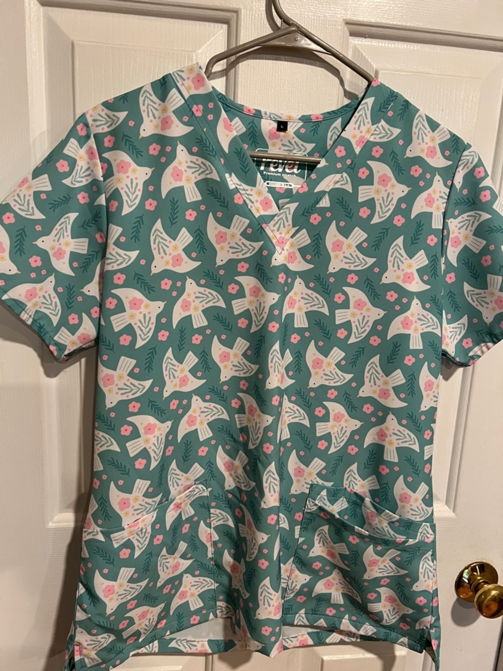 Teal Floral Bird Print Scrub Top size L